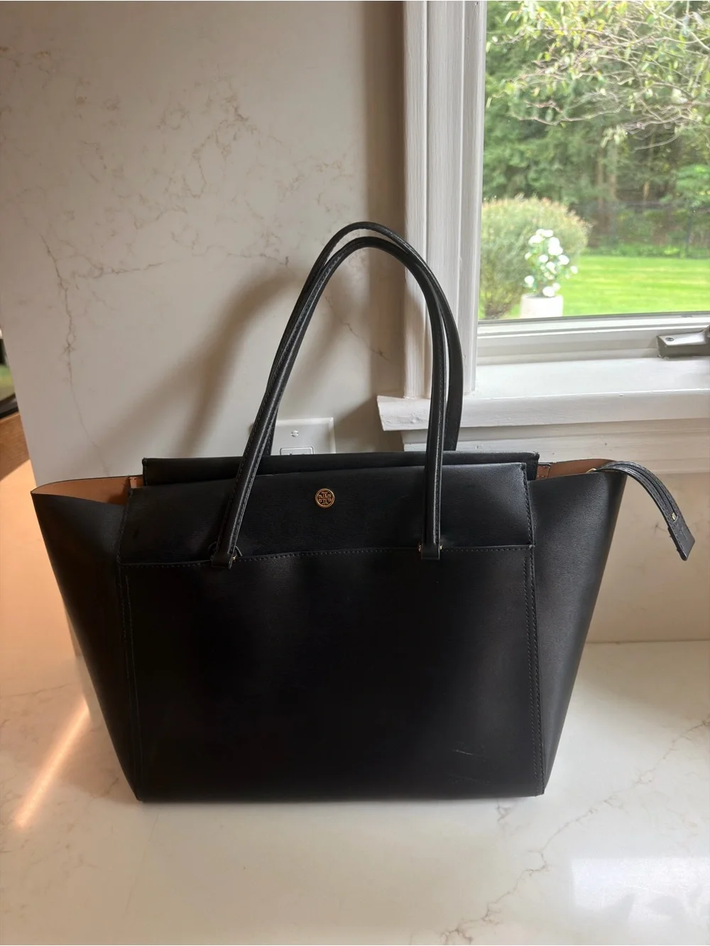 Tory Burch Black Leather Tote with Gold Logo